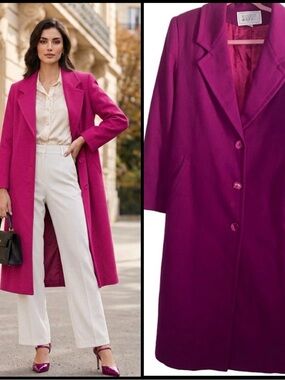 Vintage USA Hanover Square Fuchsia Wool Notched Lapel Longline Elegant Coat XL